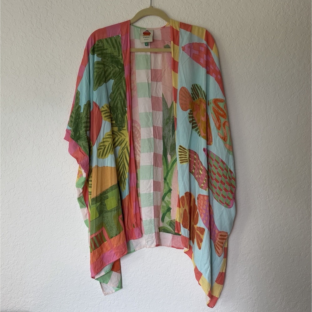 Farm Rio Kimono Cover Up Tropical Fruit Open Robe Duster Topper Resort Beach